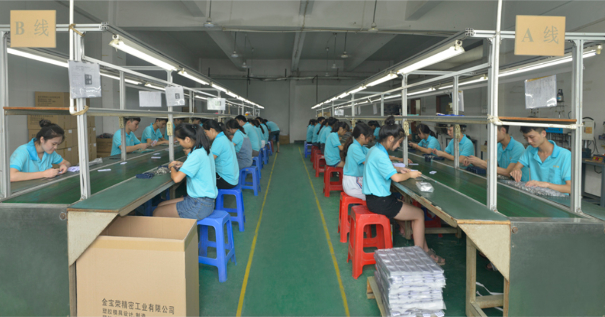 Assembly line at JBRplas Shenzhen — manual and semi-automated assembly, ultrasonic welding, pad printing, and custom packaging